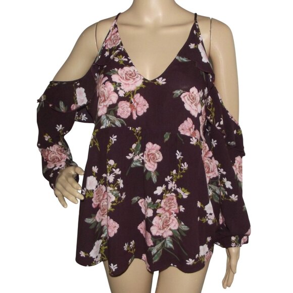American Eagle Blouse Small Burgundy Wine Pink Floral off cold shoulder v-neck - Picture 1 of 14